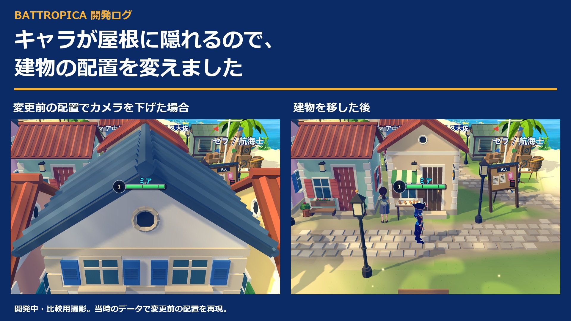 キャラが屋根に隠れないように、建物の配置を変える